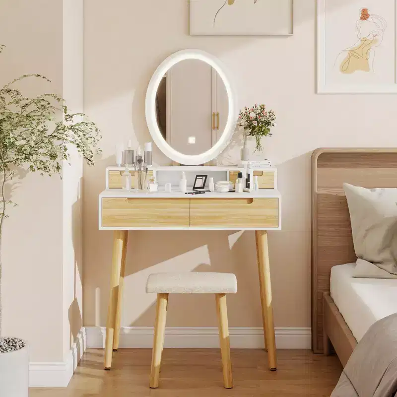ELECWISH 23.6 Wood Grain Makeup Vanity Desk Set with LED Mirror & Stool - 3-Way Lighting, USB Charging Station, Blow Dryer Holder, Storage Shelves