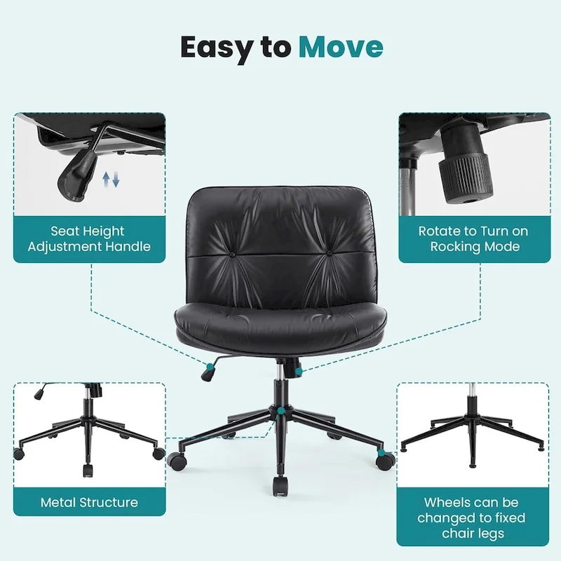 Khaki / Beige / Black PU Leather Armless Desk Chair with Wheels, 360° Swivel, Single Seat