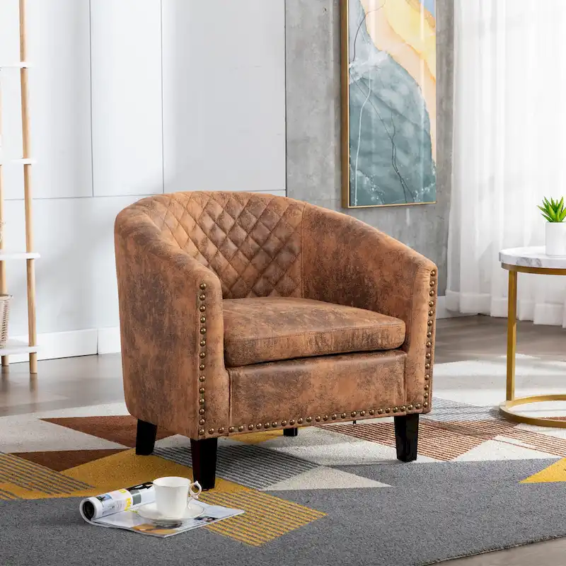 Accent Barrel Chair Living Room With Nailheads And Solid Wood Legs