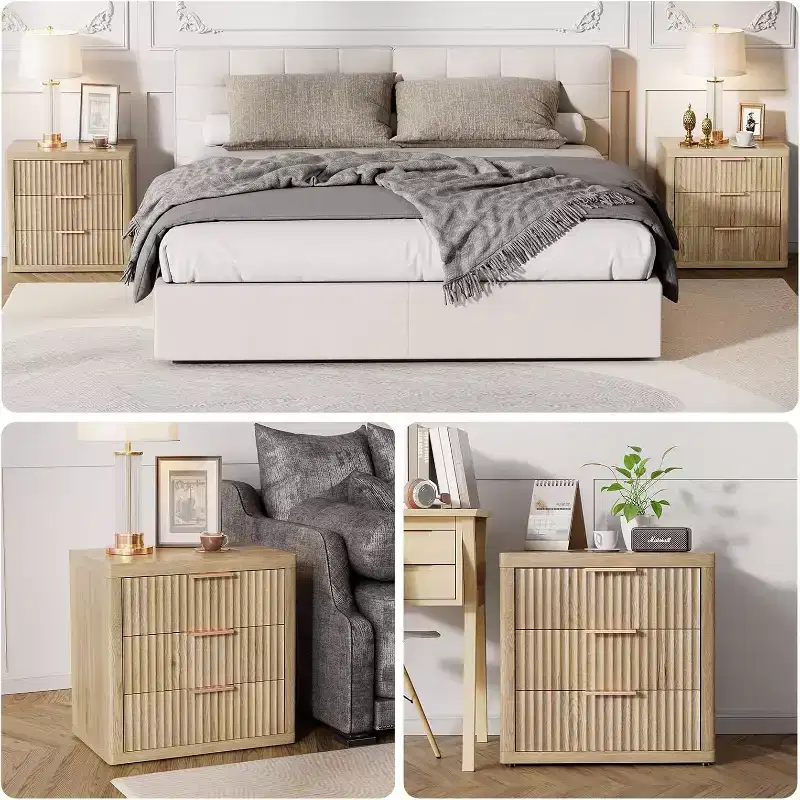 Yellow Fluted 3-Drawer Wood Nightstand, 1-Person