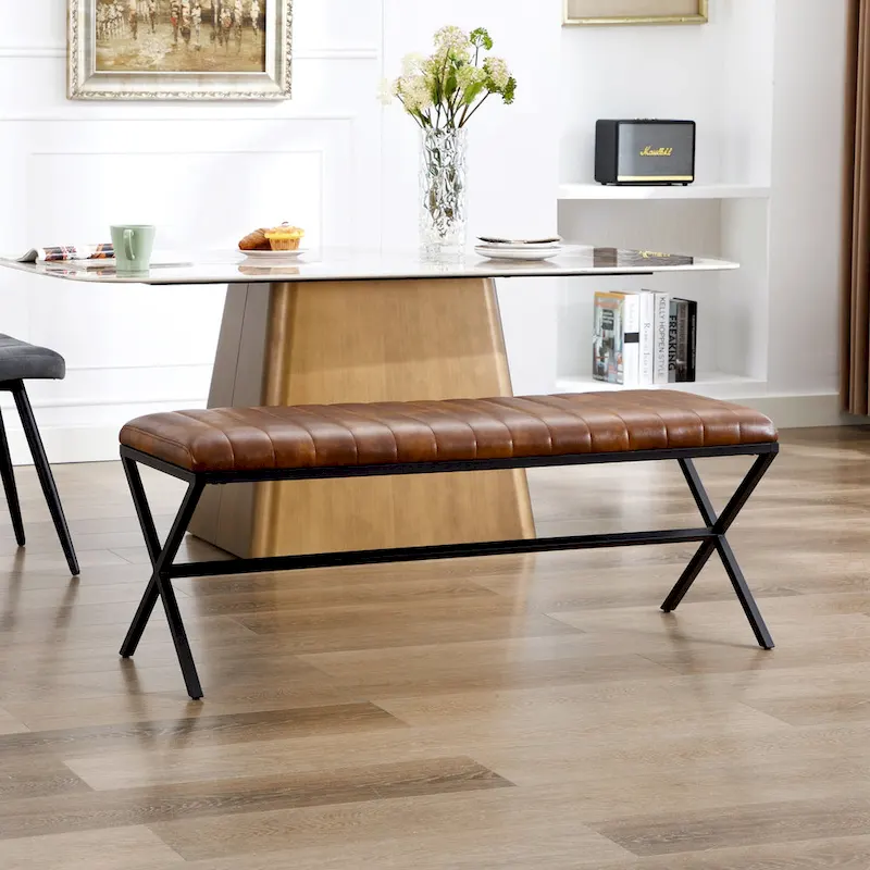 Tufted Faux Leather 46.5 Length Upholstered Dining Bench with Metal X Legs