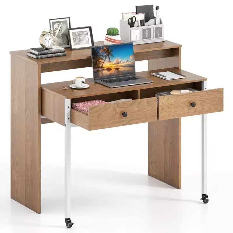 Costway 39.5 Expandable Rolling Computer Desk with Monitor Shelf 2-tier Desktop 2 Drawers