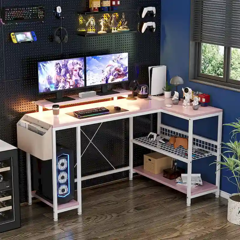 Modern L Shaped Computer Desk with Power Outlets & LED Light