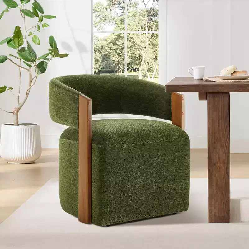 Spruce&Spring Upholstered Dining Chair with Wood Armrests & Hidden Wheels