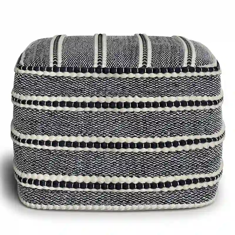 WYNDENHALL Anika Square Woven Pouf in Navy and White Recycled PET Polyester