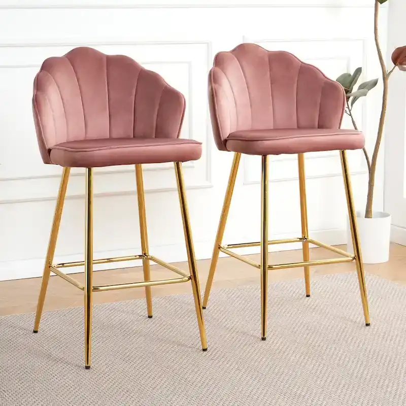 Velvet Shell Bar Stools Set of 2, Counter Height Chairs with Metal Legs, Upholstered Kitchen Island Chairs with Footres
