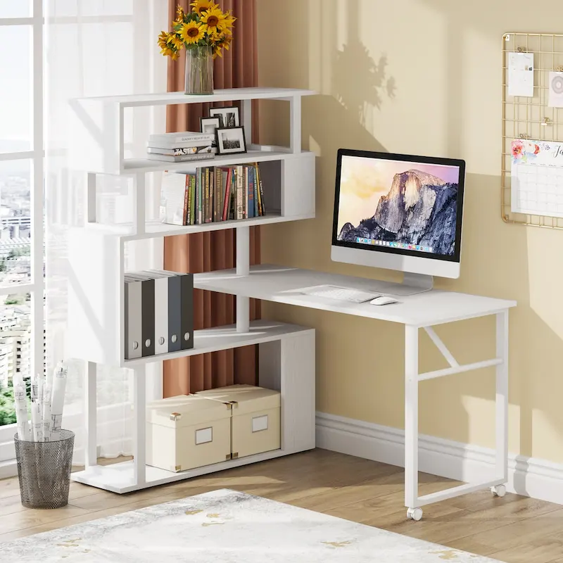 L-Shaped Rotating Computer Desk with 5 Shelves Bookshelf