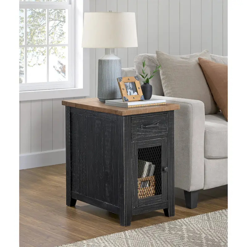 Rustic Solid Wood Chairside End Table with Hidden Charging Station