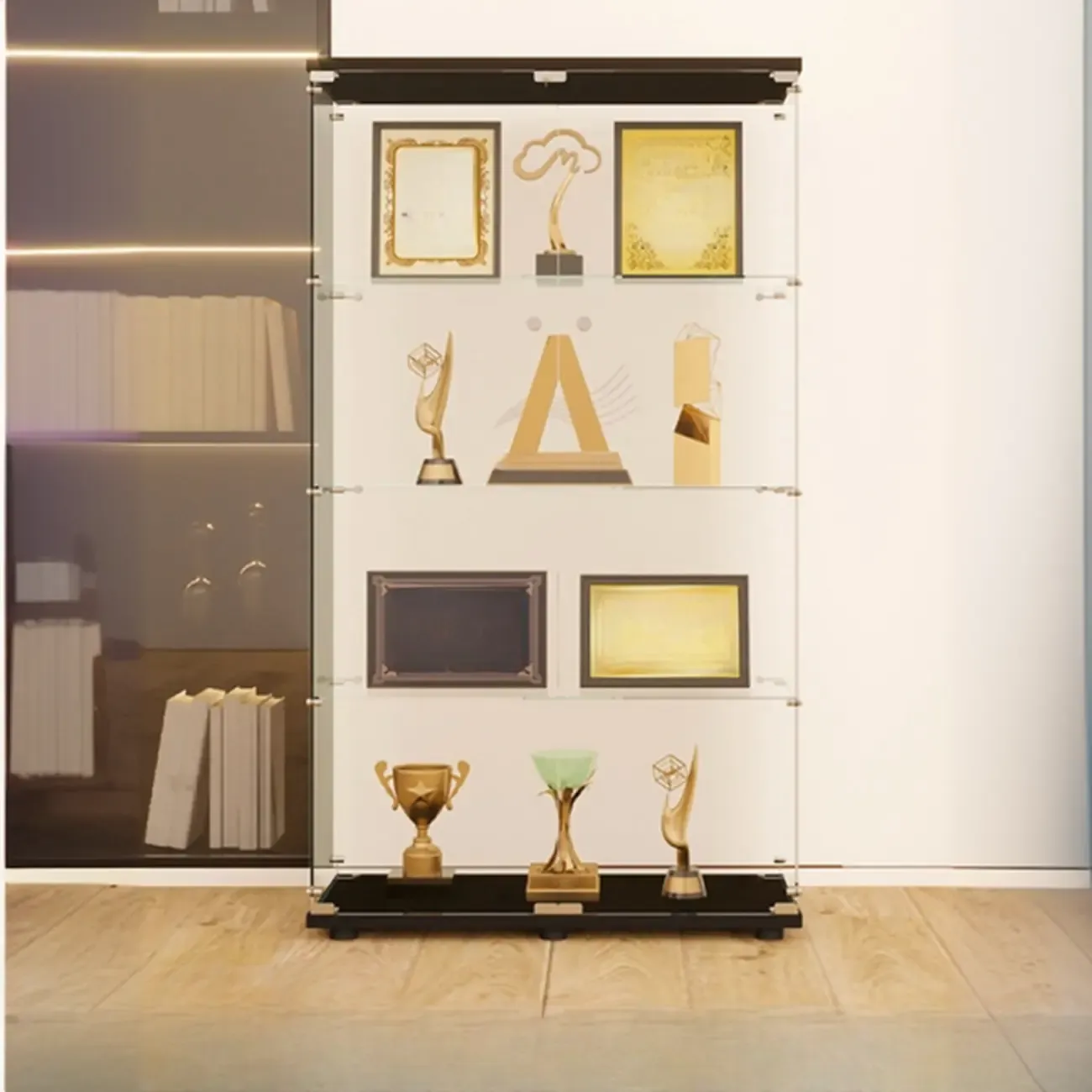 Black Adjustable Shelf Open Storage Glass Display Cabinet