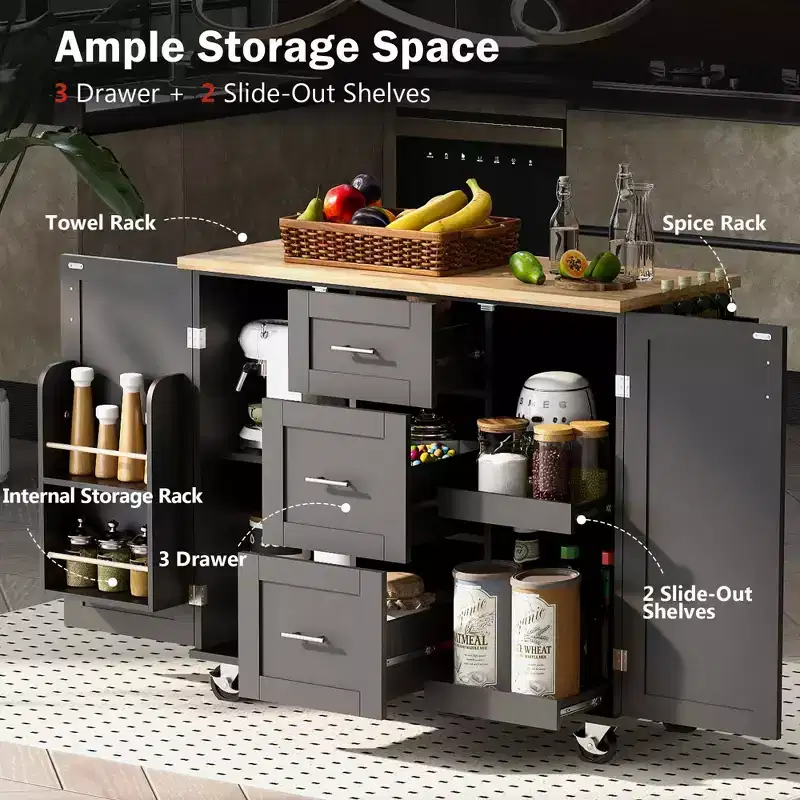 MAYEERTY Black Rolling Kitchen Island with Rubber Wood Top, 3 Drawers 2 Slide-Out Shelves Spice Rack Tower Rack
