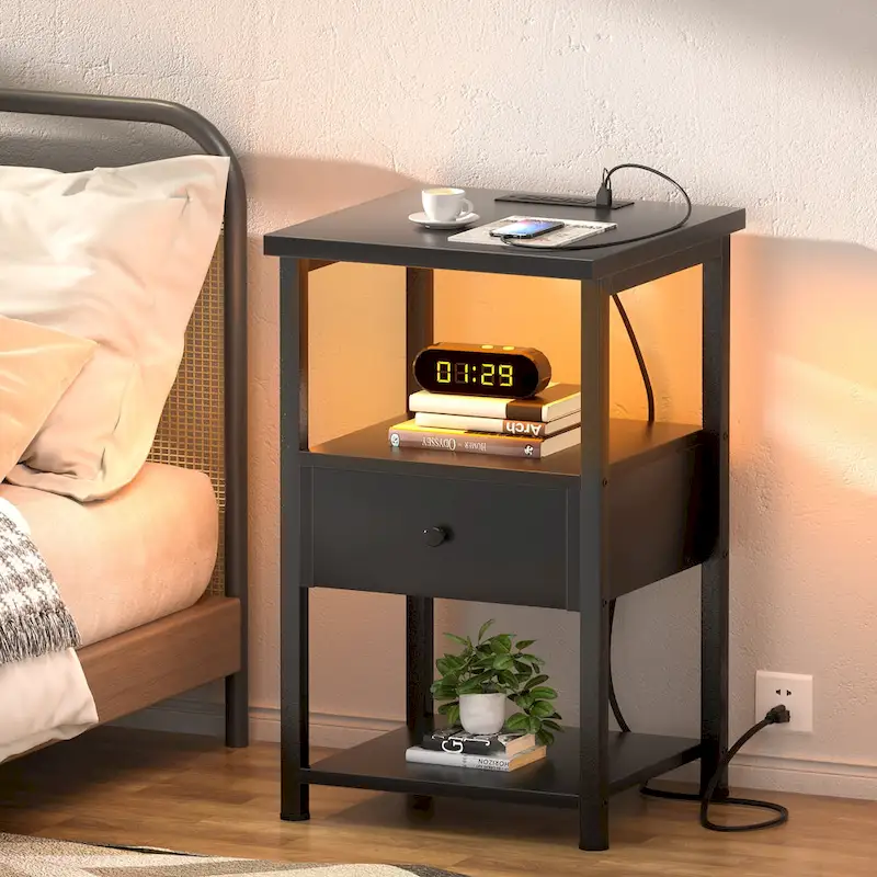 Set of 2 Nightstand with Charge Station and LED Light, End Table with Drawers