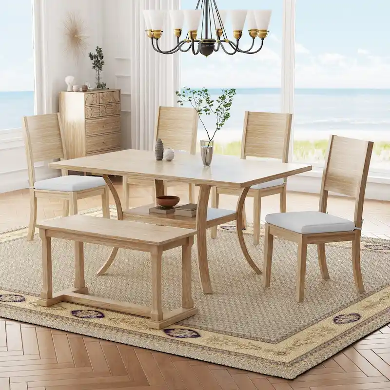 6-Piece Dining Table Set with Storage Shelf and Curved Legs, Kitchen Table Set with Bench and 4 Removable Cushions Dining Chairs