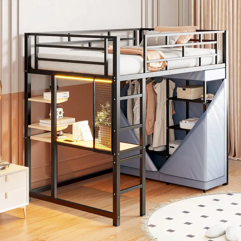 Twin Metal Loft Bed with Built-in Desk, Wardrobe & Power Outlet - 350LB Capacity