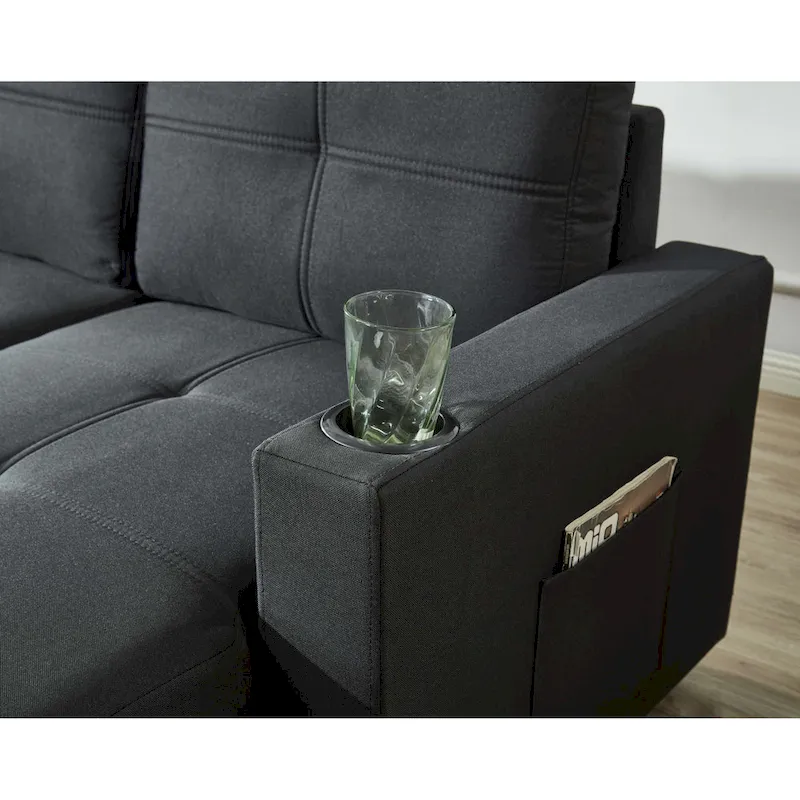 Linen Sectional Sofa Reversible Chaise with Pull out Sleeper