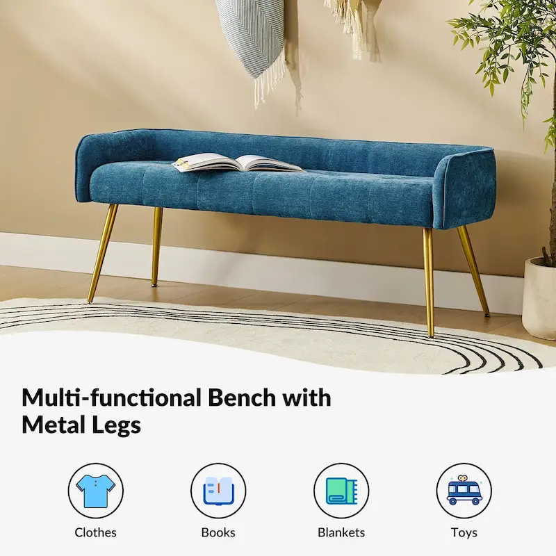 Luis Modern Upholstered Low Back Bench with Sturdy Golden Metal Tapered Leg by HULALA HOME