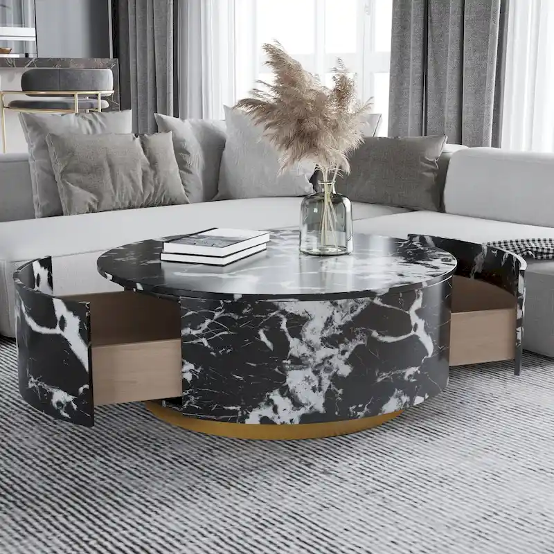 Modern Faux Marble Round Coffee Table Center Table with 2 Drawers, Fully Assembled