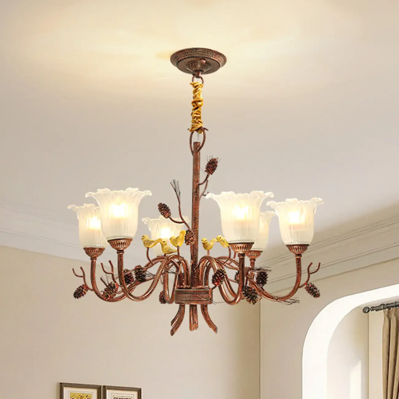 Rustic Glass Floral Brown Chandelier with Pinecone Deco