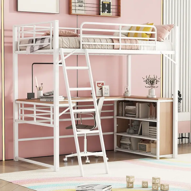 Metal Loft Bed with L-shaped Desk and 3 Layers of Shelves, Reversible Ladder