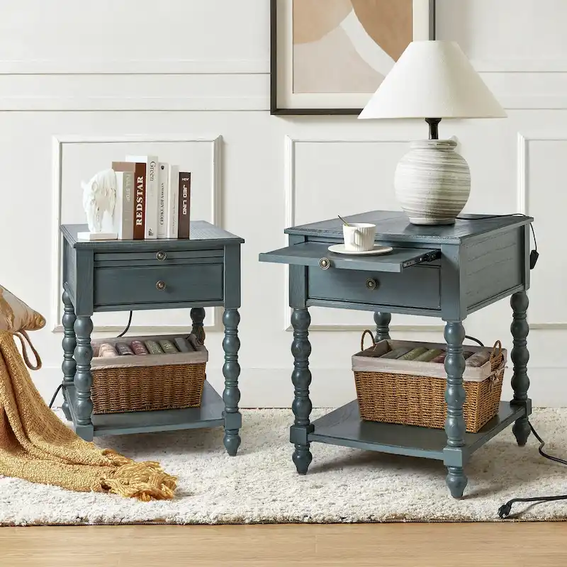 Eric Traditional 26 Tall Solid Wood End Table with USB Set of 2by HULALA HOME