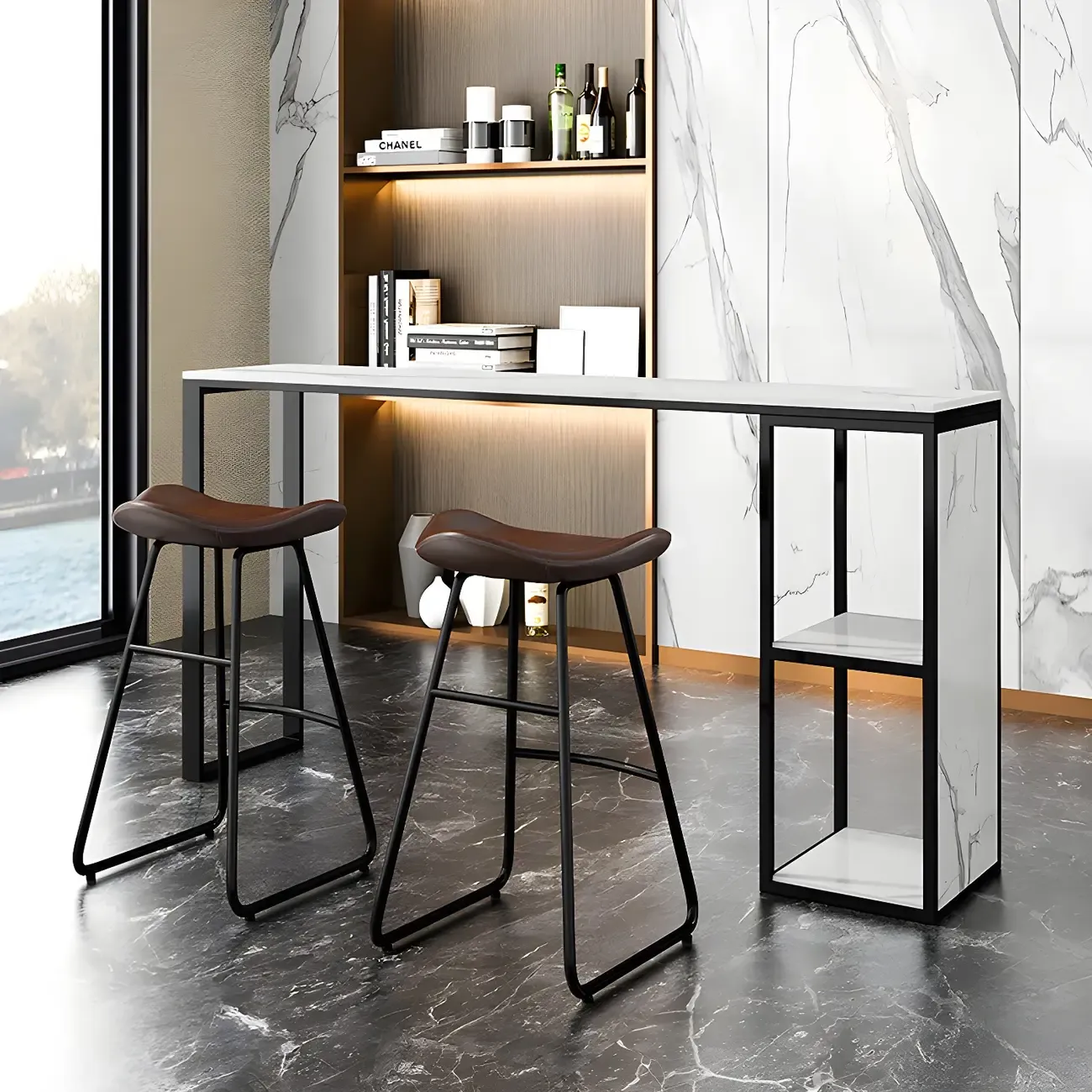 Modern White Faux Marble Iron Sled 2-Shelf Bar Tables