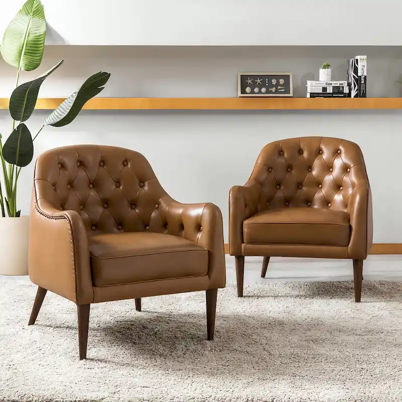 Melisa Classic Genuine Leather Wood Legs Barrel Chair With Tufted Back Set Of 2 By HULALA HOME