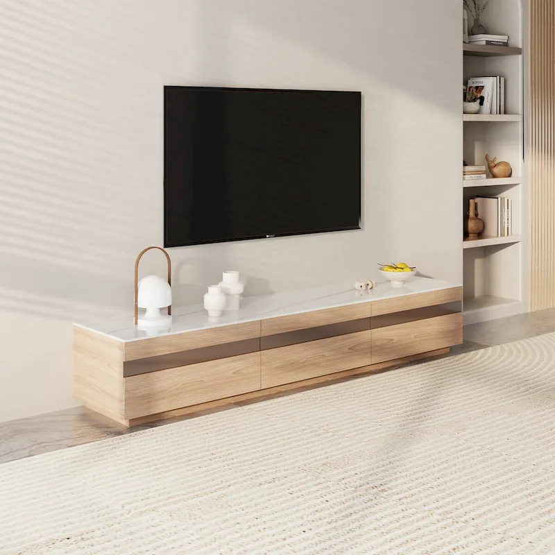 Modern Light Wood TV Stands, Glossy Stone Table-top, 3-6Drawers, Fully Assembled