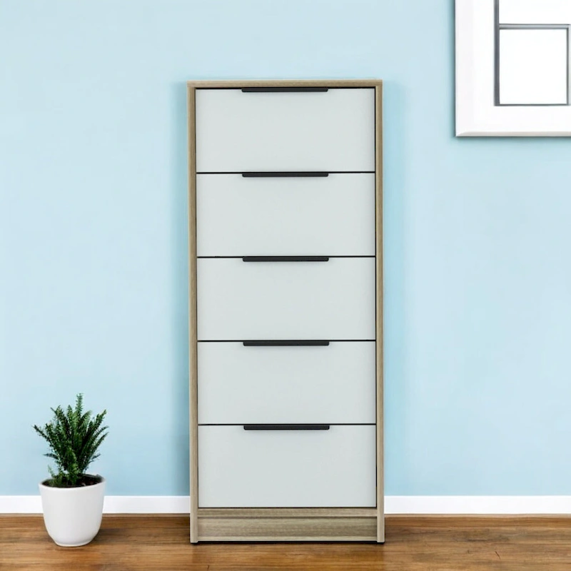 Wood Modern 5 Drawer Dresser Chest with Metal Glides and Handles