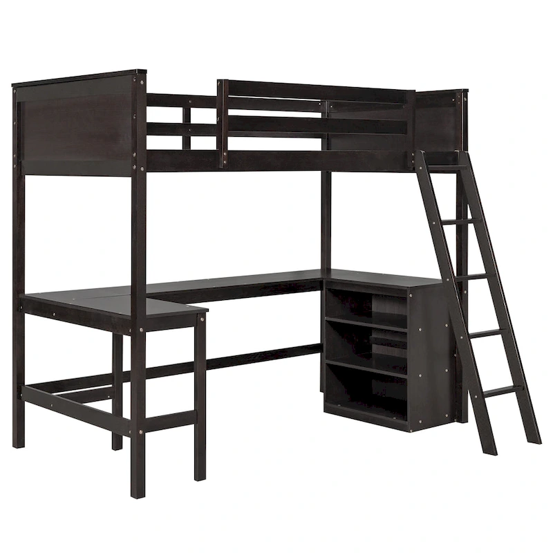 Wood Twin Loft Bed with Desk and Shelves