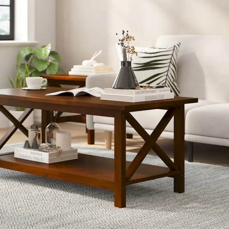 Farmhouse X-Frame Coffee Table with Shelf, Acacia Gray/Dark Gray/Walnut, Solid Wood