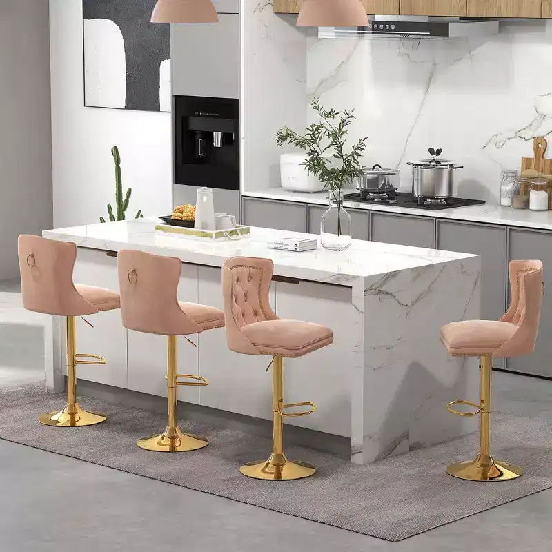 Set of 2 Bar Chairs Dutch Velvet Bar Stool with Footrest Metal Base Anti-Slip Ring Pink/Beige/Grey