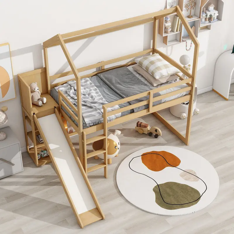 Twin Wood House Loft Bed with Slide