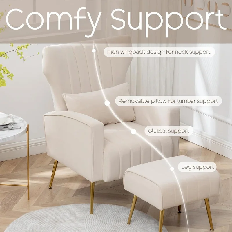 HOMYKA Accent Chair Upholstered Velvet Wingback Armchair with Pillows