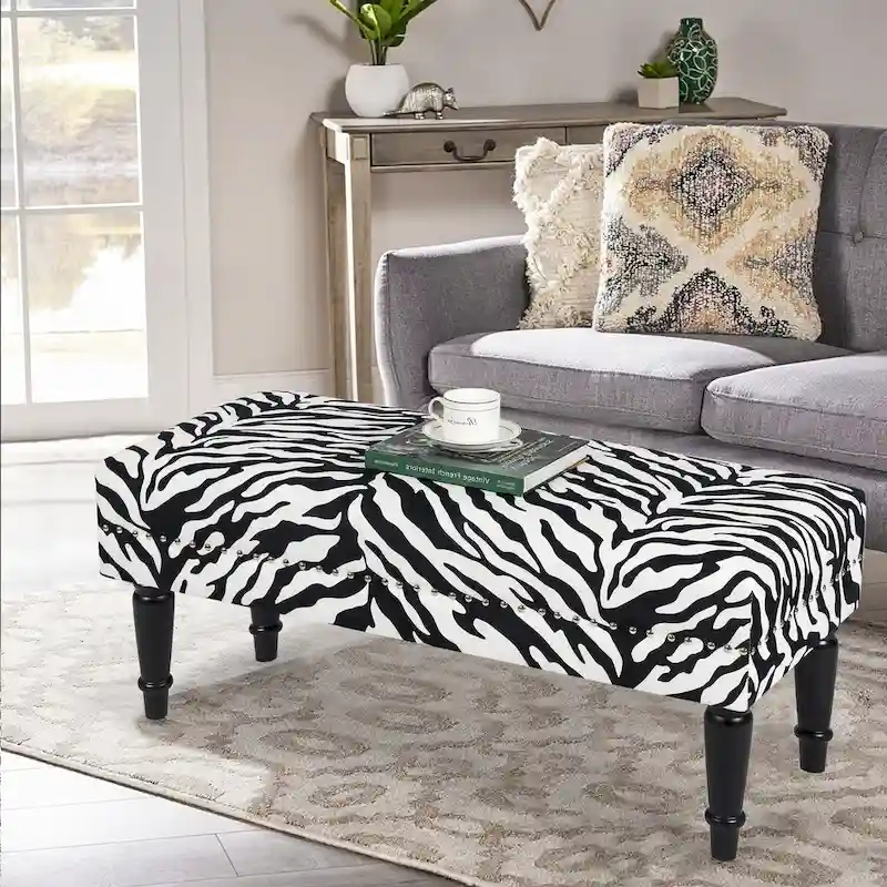 Adeco Cow Print Fabric Rectangular Bench Ottoman