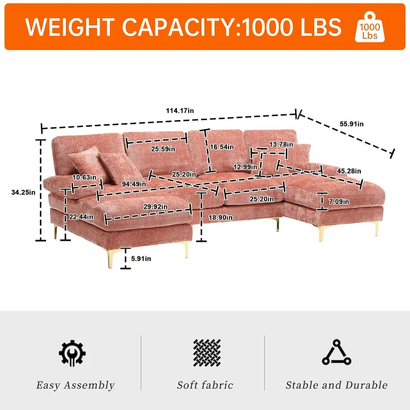 HOMEFUN Chenille Upholstered U-Shaped Living Room Sectional Sofa