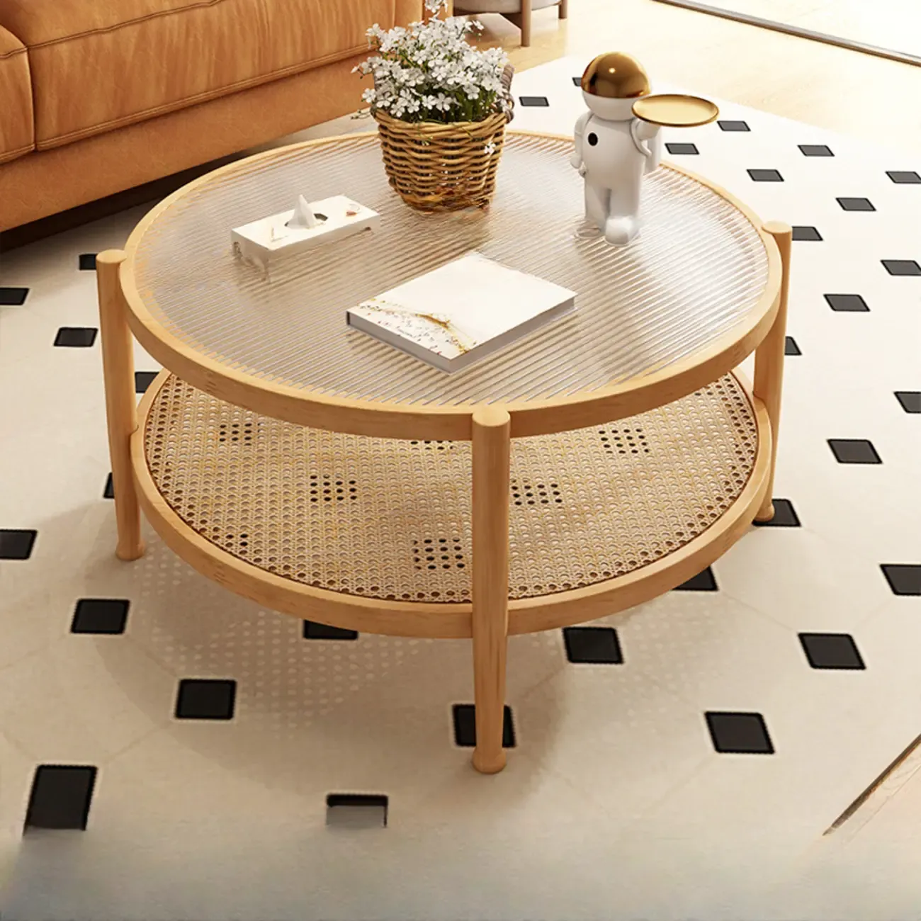 Modern White Rectangle Glass Coffee Table with Shelf