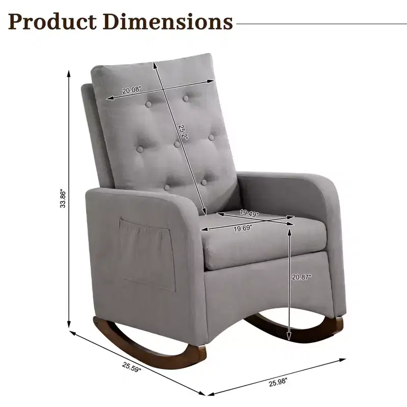 Upholstered Rocking Chair, Modern Wingback Accent Rocking Chair, Comfy Accent Armchair Chair, Rubber Wood Legs, High Backrest and Side Pocket