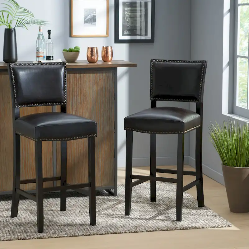 30.5 Modern Bar Stool with Leather Backrest Padded Seat, Nailhead Trim, Solid Wood Legs for Bar Dining Room Living Room Caf