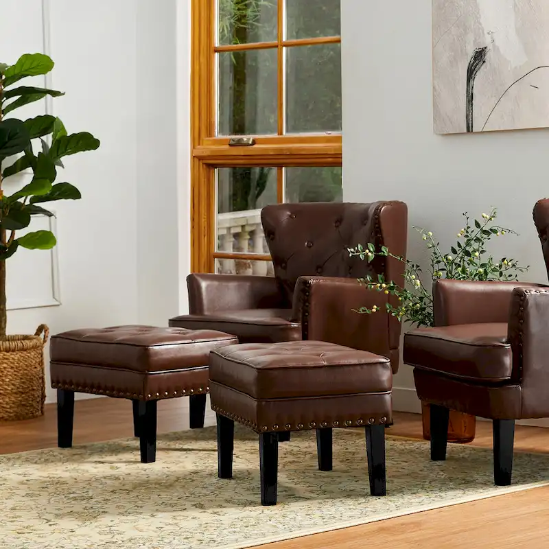 Glitzhome Set of 2 22 W Leatherette Button-tufted Foot Stools Ottomans