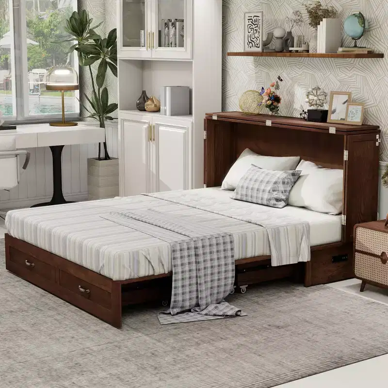 Keloyid Haimyy Solid Wood Frame Queen Murphy Bed Chest with Built-in Charger and Strong Drawer