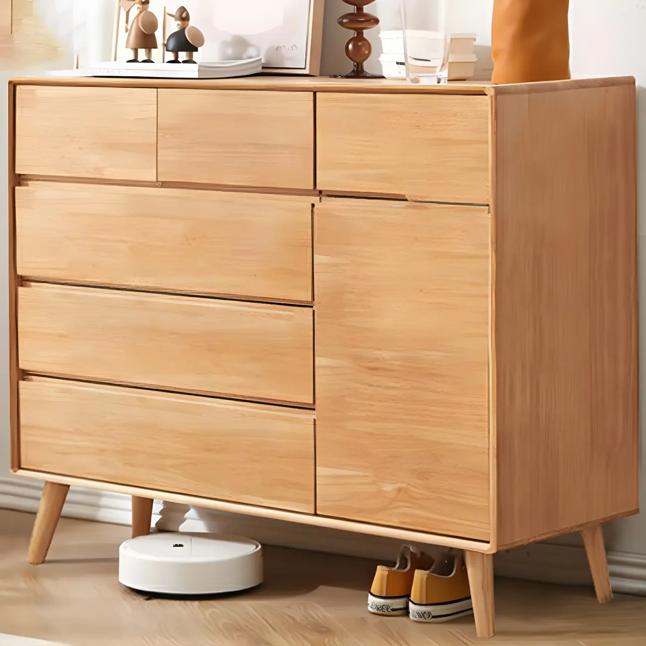 Compact Natural Wood Combo Dresser with Cabinet and Drawers