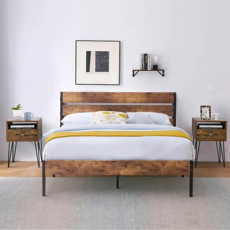 Taomika 3-Pieces Industrial Bed and Modern Square Nightstands Set