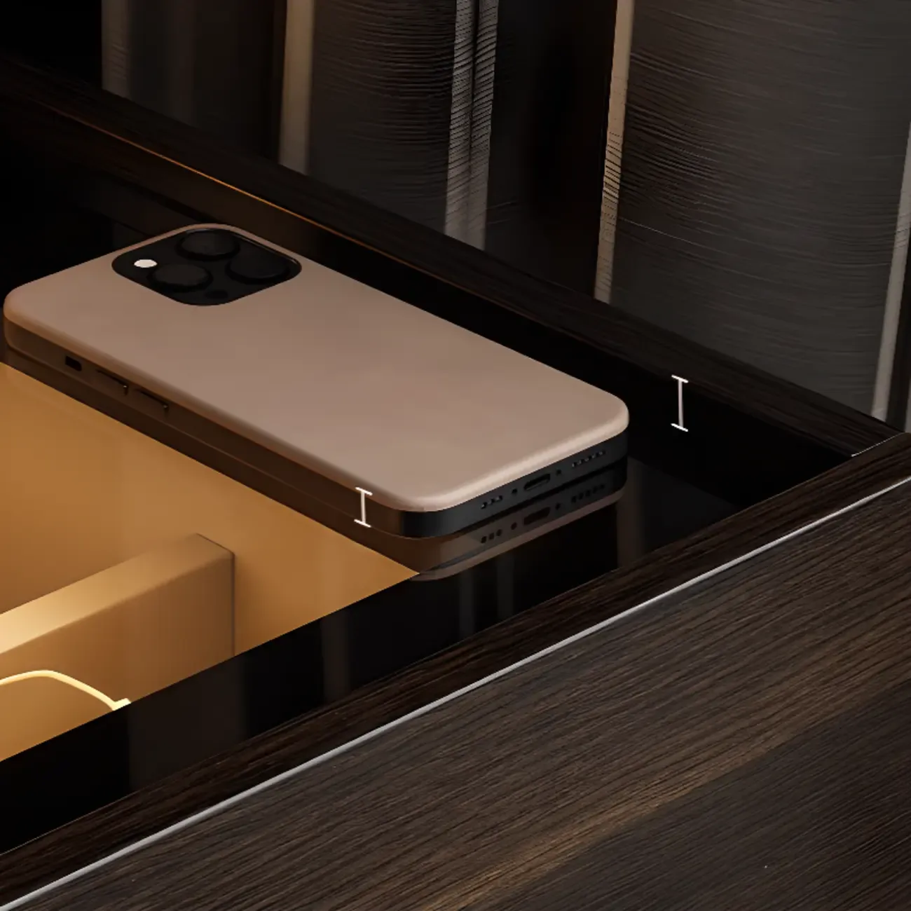 Narrow Black Glass Top 2-Drawer Wood Nightstand with Light