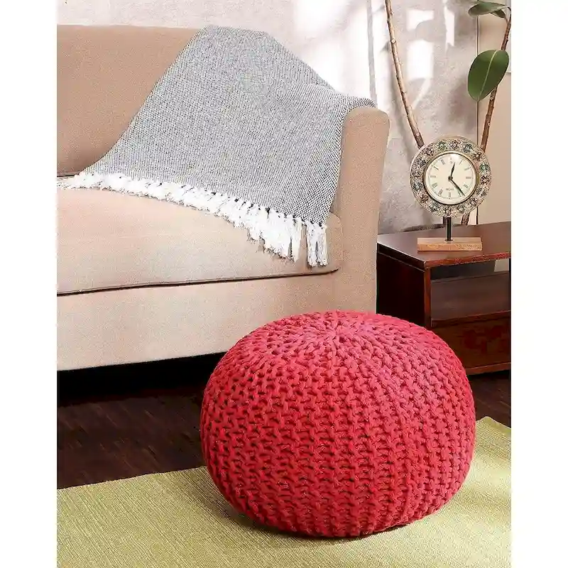 Hand Knitted Pouf Cotton Braided Cord Cable Ottoman - Foot Stool - Accent Seat Furniture Bean Bag - Living Room Kids - 18x18x14