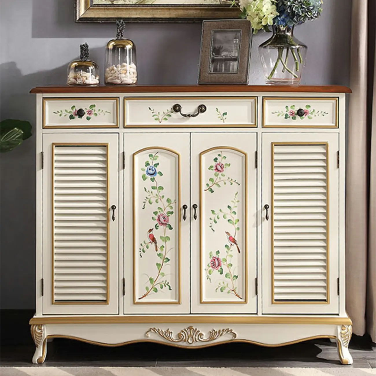 Traditional Beige Wooden Floral Shoe Cabinet with Drawers