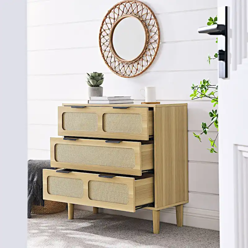 Farmhouse Rattan 3 Drawer Dresser, Wooden Wide Chest of Drawers with Metal Handles