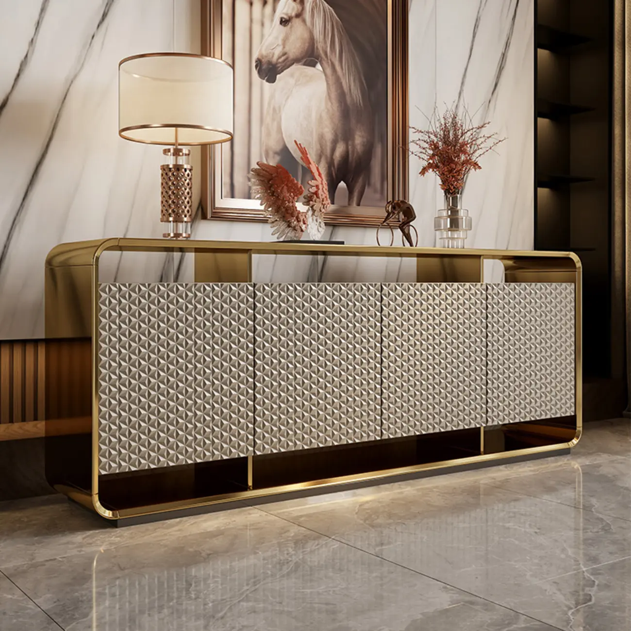 Glam Metal and Wood Sideboard with Shelves