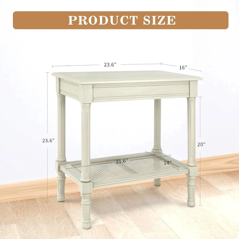 Copper Grove Reine Cream Side Table with Rattan Shelf