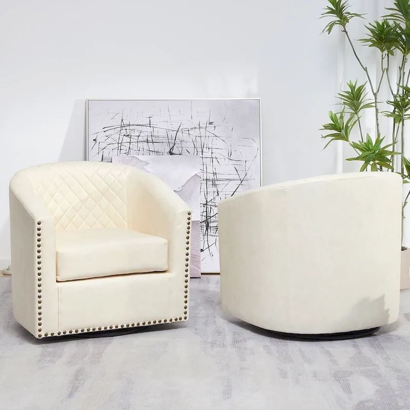 KINWELL 29 Wide Tufted PU Leather Swivel Barrel Chair (Set of 2)