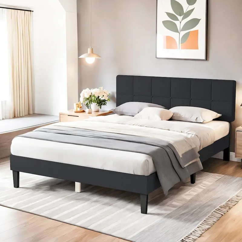Bed Frame, Modern Platform Bed Frame with Adjustable Headboard, Geometric Upholstered Bed Frame 800LBS Sturdy Solid Wooden Slats