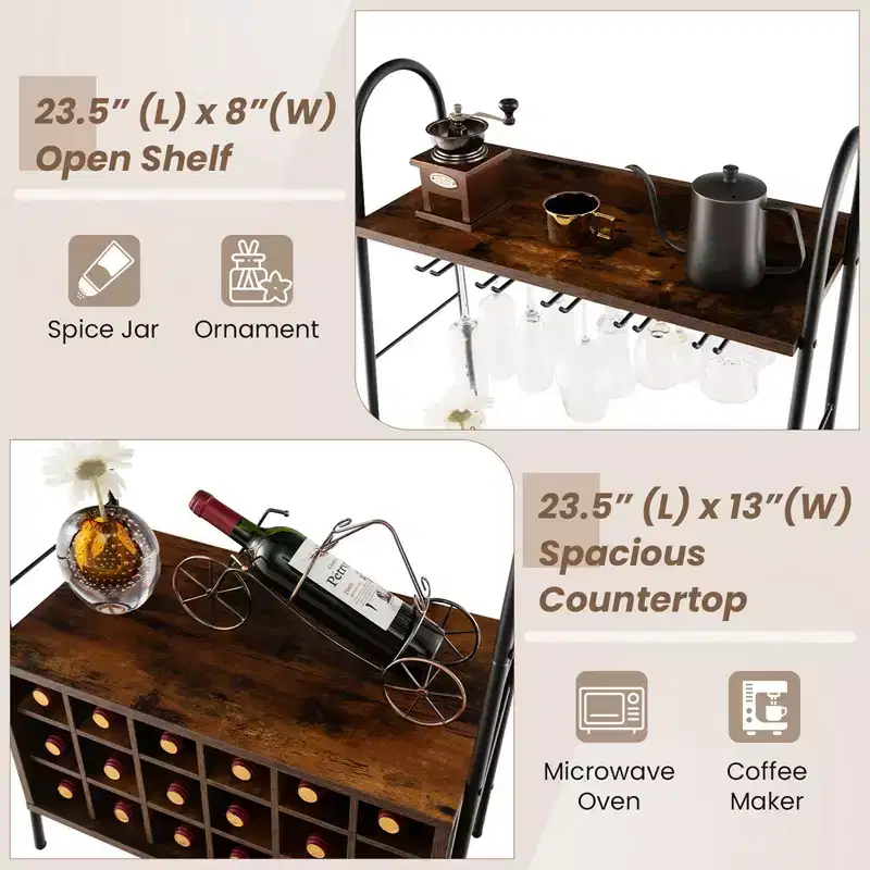 Costway Industrial Rack Freestanding Bottle Holder with Stemware Holder & Open Shelves